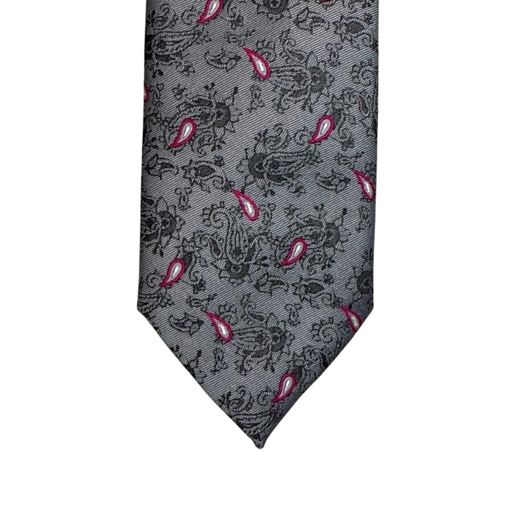 McGregor Mens Grey Paisley Silk Blend Necktie Pink Accents Made in USA RN 16446